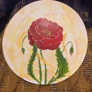 Unframed Original Art Watercolour Poppy & Buds on Circular Paper Alberta Art